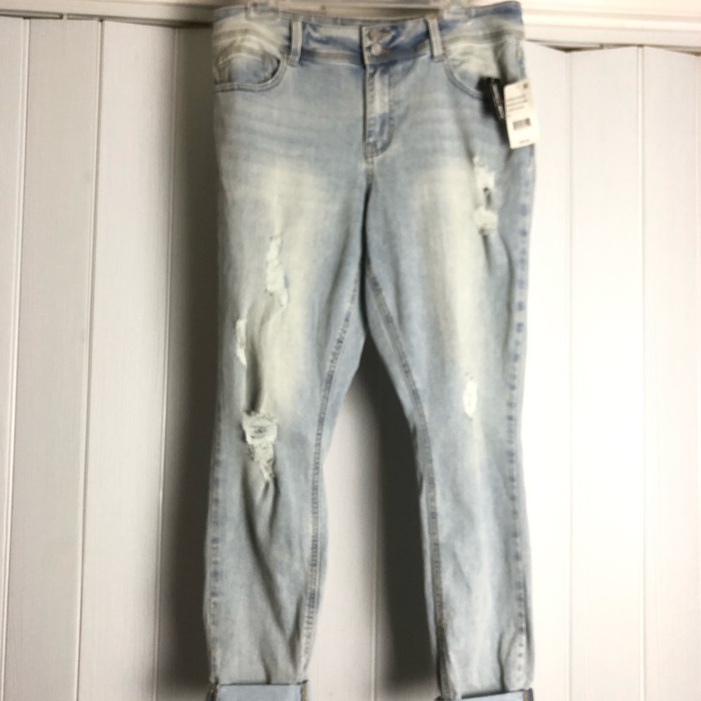 Indigo Rein Light Blue Distressed Boyfriend Jeans Ankle Mid Rise Size 15